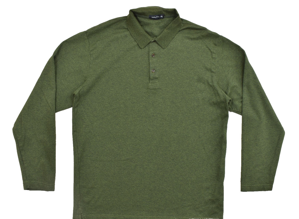 Nautica Men XXL Green Long Sleeve Polo Shirt 100% Cotton Textured Knit Pullover